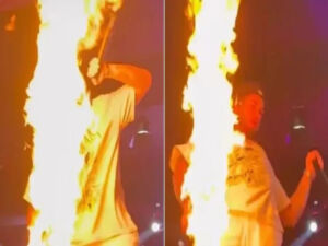 Vídeo mostra o momento em que Zé Felipe é atingido por fogo durante show