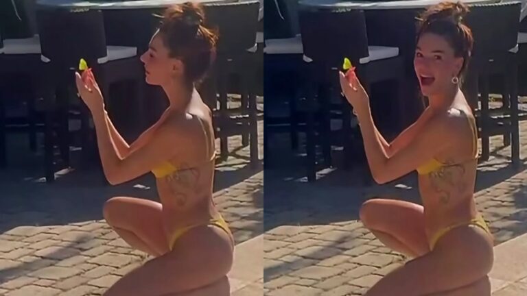 Isis Valverde exibe boa forma com biquíni cavado em dia de sol