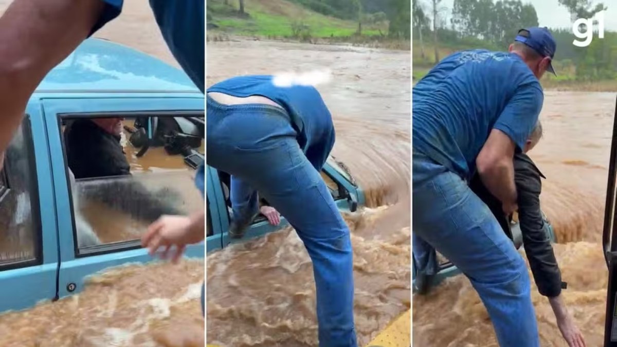 Vídeo: idoso é retirado de carro submerso durante temporal no RS